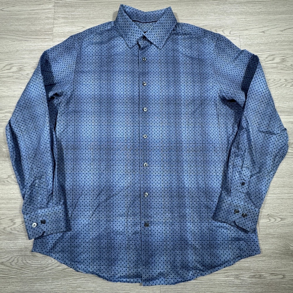 Bugatchi Men's Button Down Shirt OoohCotton Tech Blue XL 8 Way Stretch Medallion
